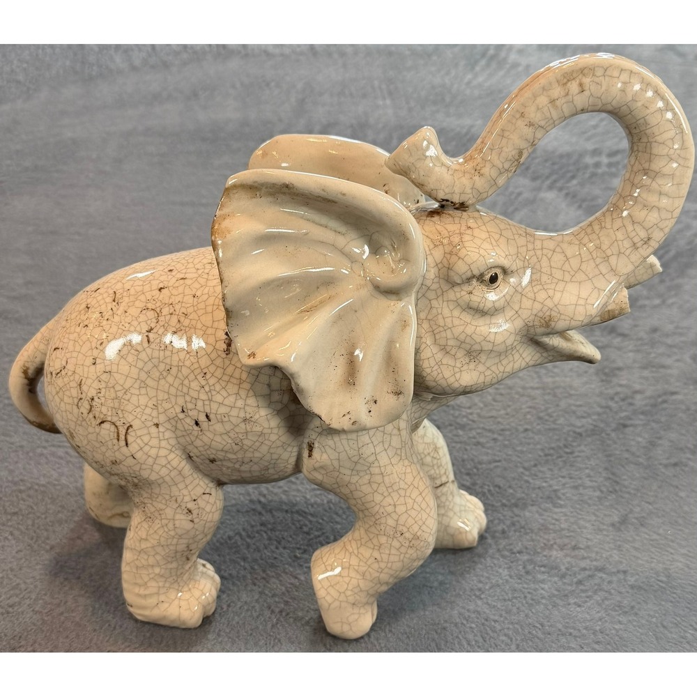 Vintage Ceramic Elephant Figurine Crackle Glaze Lucky Upturned Trunk Off-White - Picture 15 of 16